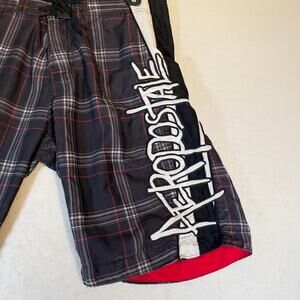 Aeropostale 1987 Board Short Swim Trunks Men 34W Black Red Grey Plaid Pocket